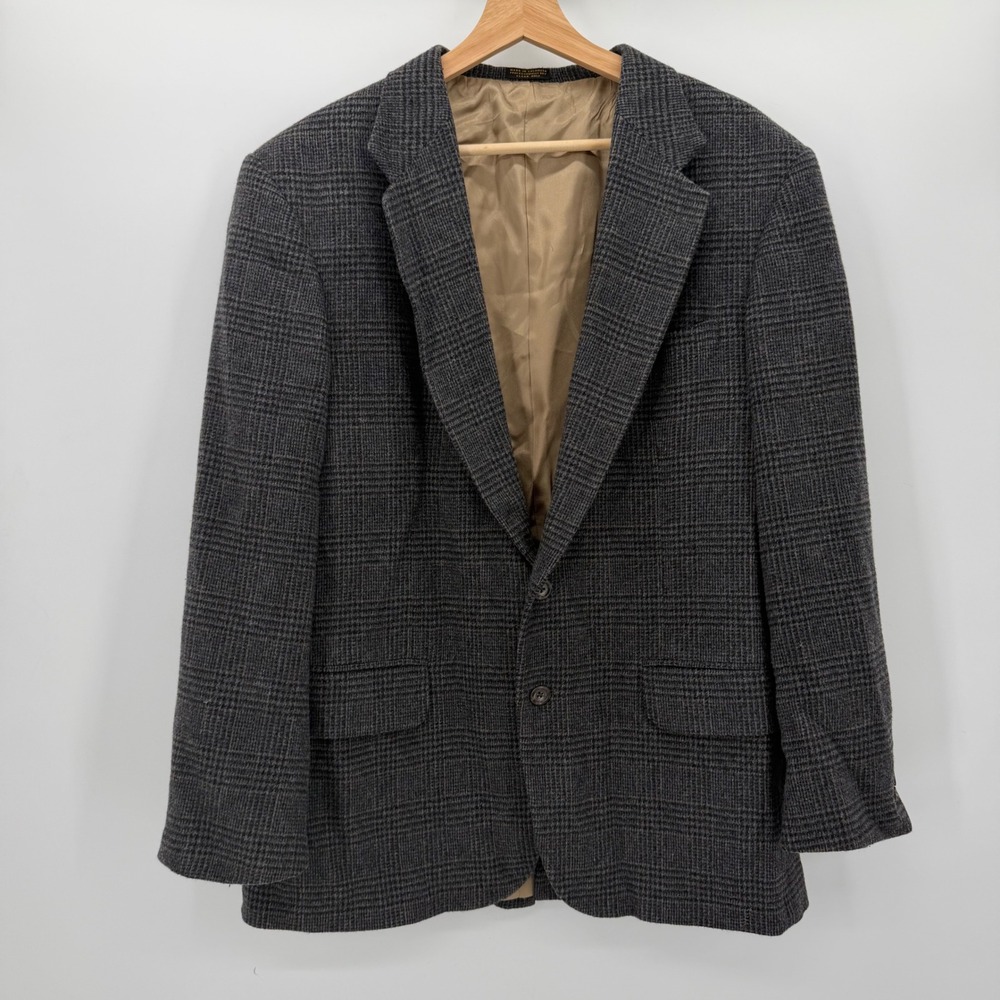 Vintage Mens 42R Wool Camel Hair Glen Plaid Blazer Sport Coat Gray Preppy